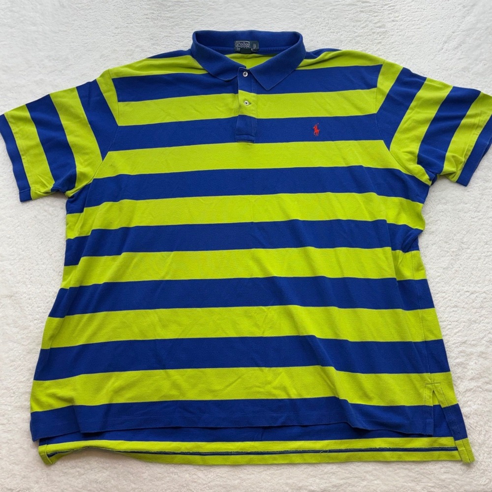 Polo Ralph Lauren Mens 4XB Big & Tall Blue Lime Green Striped Short Sleeve Polo